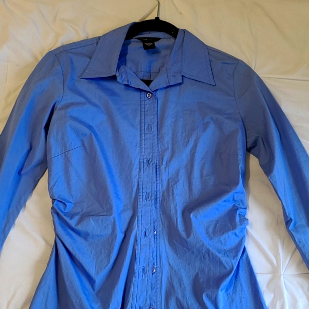 blue button-up fitted woman's top